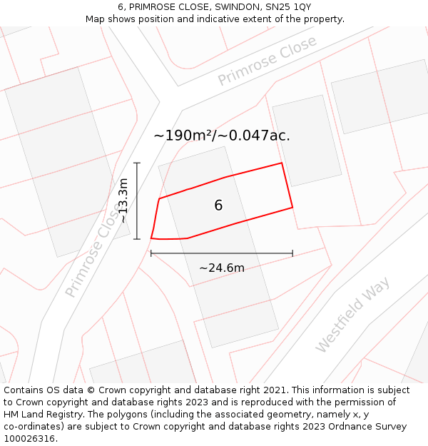 6, PRIMROSE CLOSE, SWINDON, SN25 1QY: Plot and title map