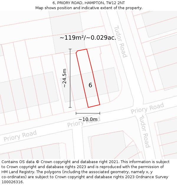 6, PRIORY ROAD, HAMPTON, TW12 2NT: Plot and title map