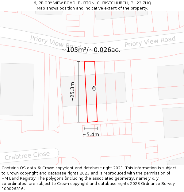 6, PRIORY VIEW ROAD, BURTON, CHRISTCHURCH, BH23 7HQ: Plot and title map