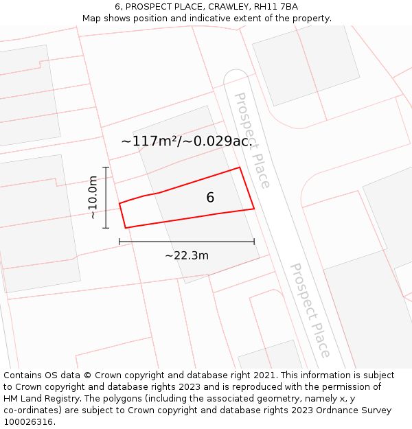 6, PROSPECT PLACE, CRAWLEY, RH11 7BA: Plot and title map