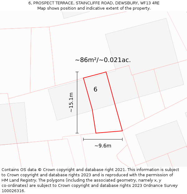 6, PROSPECT TERRACE, STAINCLIFFE ROAD, DEWSBURY, WF13 4RE: Plot and title map