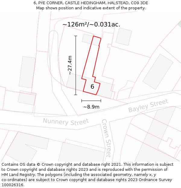6, PYE CORNER, CASTLE HEDINGHAM, HALSTEAD, CO9 3DE: Plot and title map