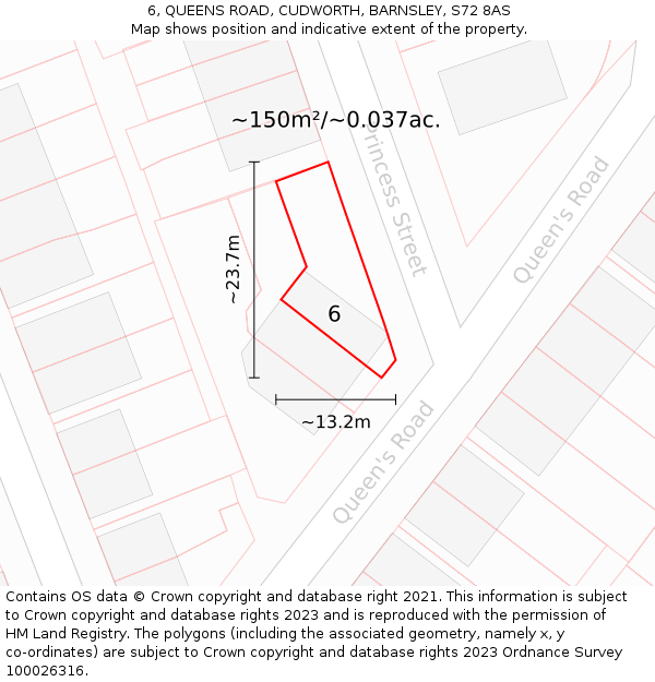 6, QUEENS ROAD, CUDWORTH, BARNSLEY, S72 8AS: Plot and title map