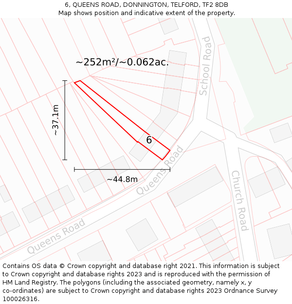 6, QUEENS ROAD, DONNINGTON, TELFORD, TF2 8DB: Plot and title map