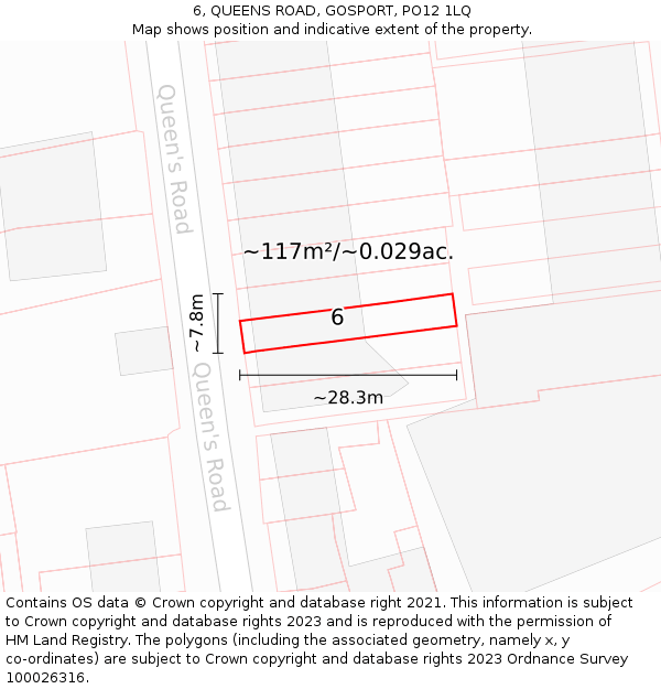 6, QUEENS ROAD, GOSPORT, PO12 1LQ: Plot and title map