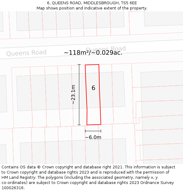 6, QUEENS ROAD, MIDDLESBROUGH, TS5 6EE: Plot and title map