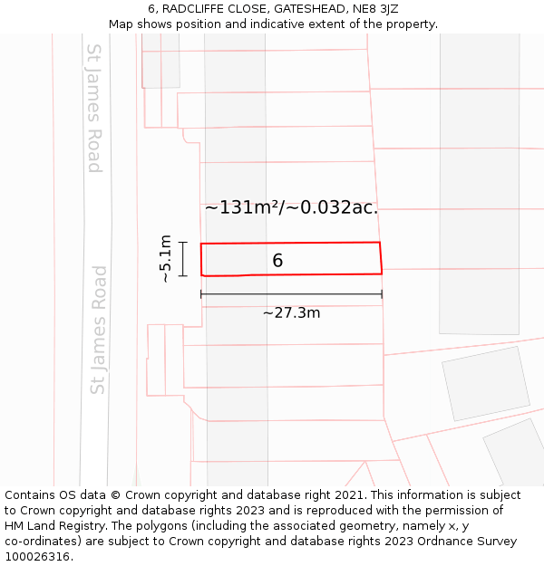 6, RADCLIFFE CLOSE, GATESHEAD, NE8 3JZ: Plot and title map