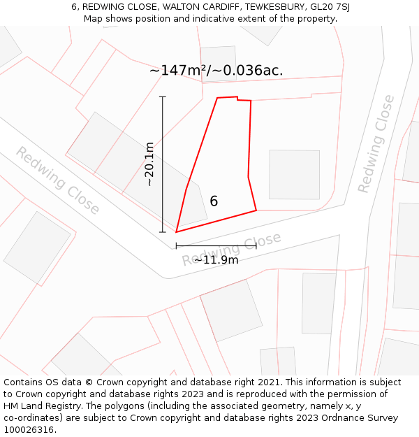 6, REDWING CLOSE, WALTON CARDIFF, TEWKESBURY, GL20 7SJ: Plot and title map