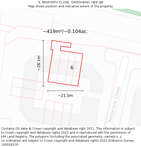 6, RENFORTH CLOSE, GATESHEAD, NE8 3JB: Plot and title map
