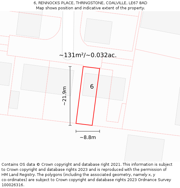 6, RENNOCKS PLACE, THRINGSTONE, COALVILLE, LE67 8AD: Plot and title map