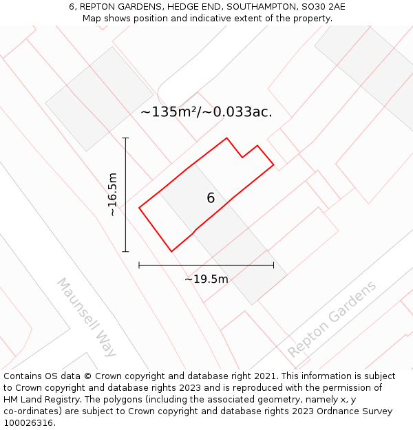 6, REPTON GARDENS, HEDGE END, SOUTHAMPTON, SO30 2AE: Plot and title map