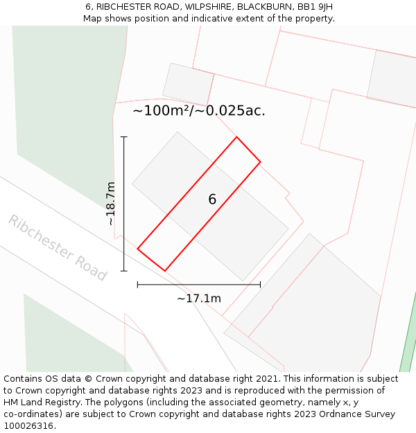 6, RIBCHESTER ROAD, WILPSHIRE, BLACKBURN, BB1 9JH: Plot and title map