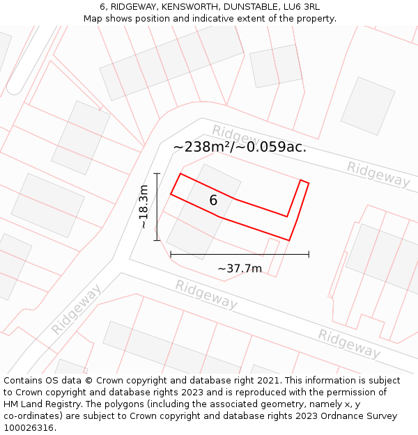 6, RIDGEWAY, KENSWORTH, DUNSTABLE, LU6 3RL: Plot and title map