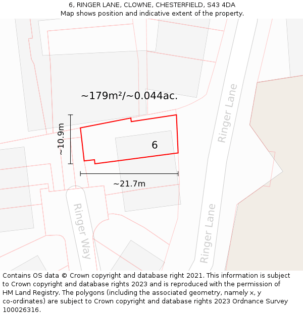 6, RINGER LANE, CLOWNE, CHESTERFIELD, S43 4DA: Plot and title map