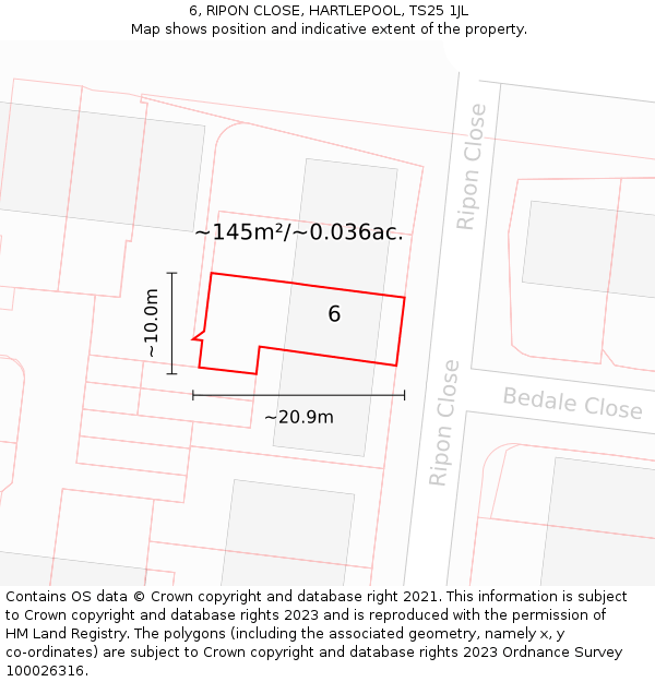 6, RIPON CLOSE, HARTLEPOOL, TS25 1JL: Plot and title map