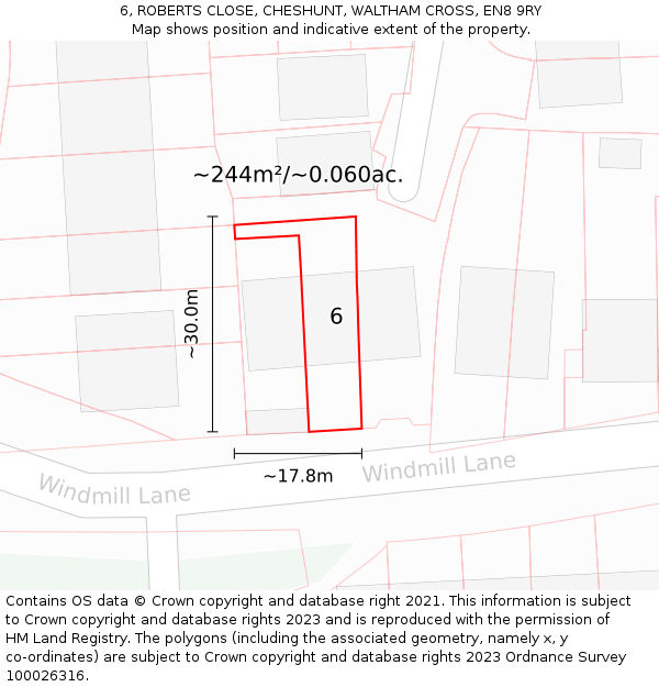 6, ROBERTS CLOSE, CHESHUNT, WALTHAM CROSS, EN8 9RY: Plot and title map