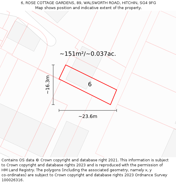 6, ROSE COTTAGE GARDENS, 89, WALSWORTH ROAD, HITCHIN, SG4 9FG: Plot and title map