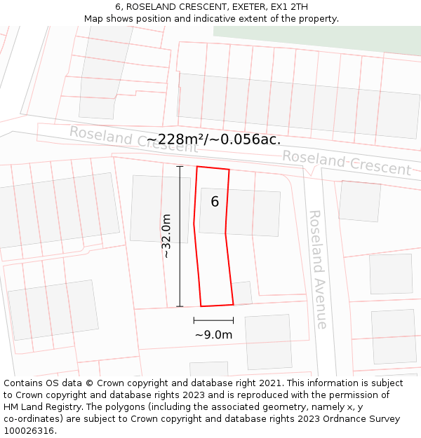 6, ROSELAND CRESCENT, EXETER, EX1 2TH: Plot and title map