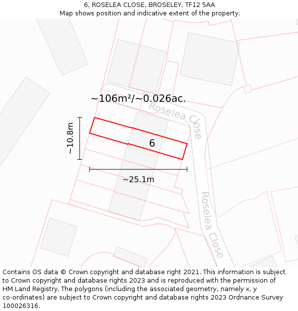 6, ROSELEA CLOSE, BROSELEY, TF12 5AA: Plot and title map