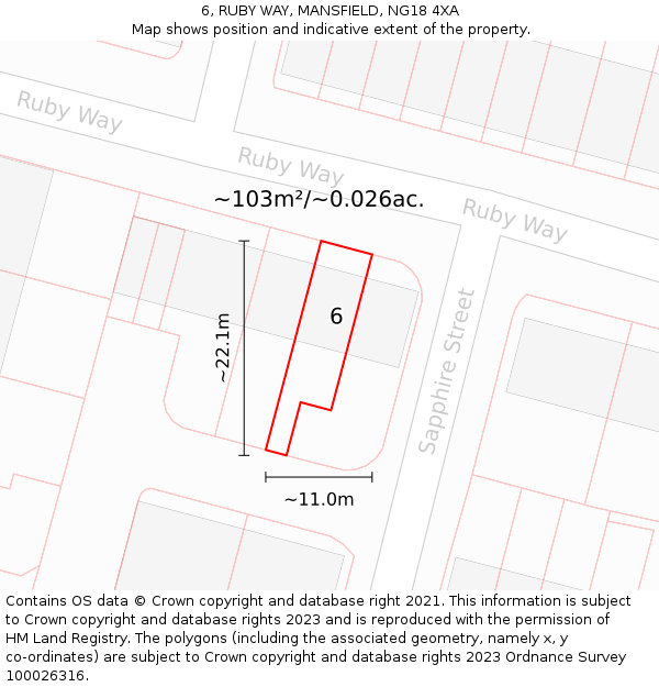 6, RUBY WAY, MANSFIELD, NG18 4XA: Plot and title map