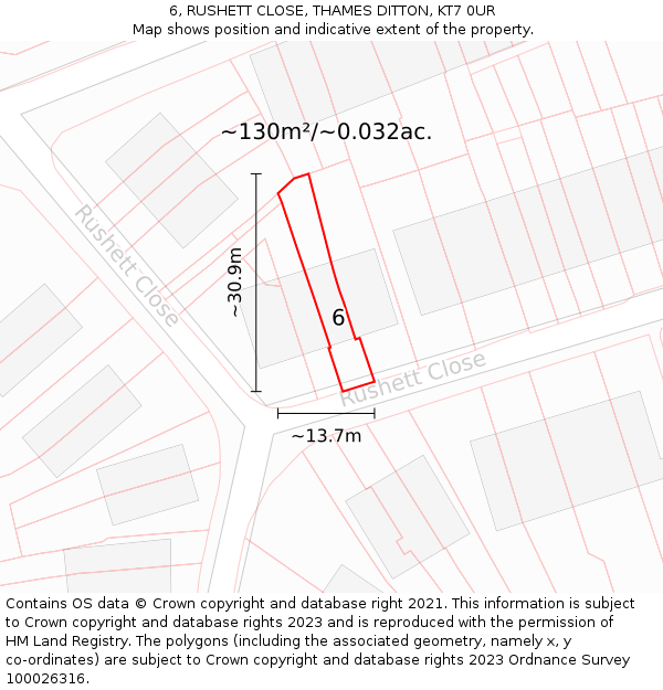 6, RUSHETT CLOSE, THAMES DITTON, KT7 0UR: Plot and title map