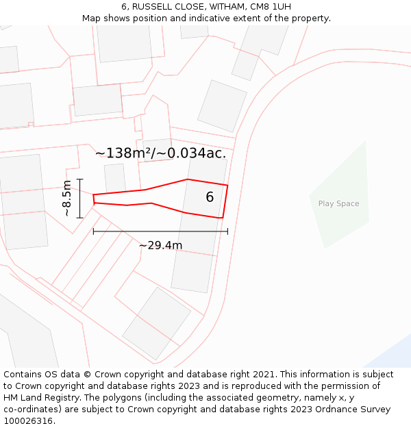 6, RUSSELL CLOSE, WITHAM, CM8 1UH: Plot and title map