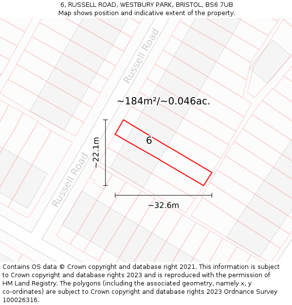 6, RUSSELL ROAD, WESTBURY PARK, BRISTOL, BS6 7UB: Plot and title map