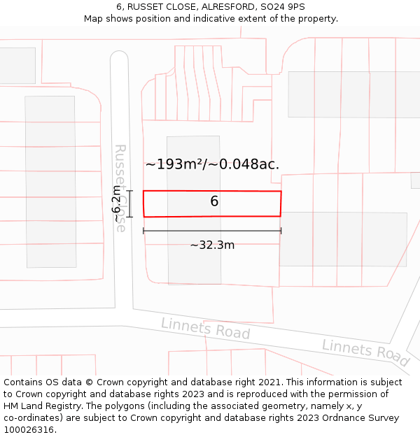 6, RUSSET CLOSE, ALRESFORD, SO24 9PS: Plot and title map