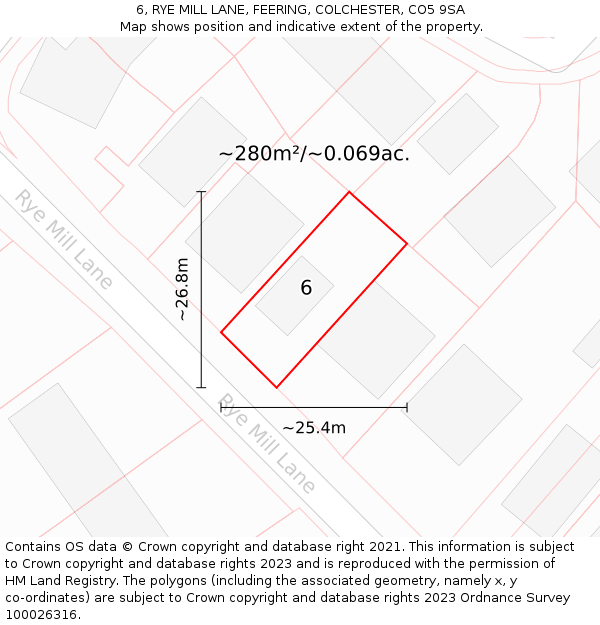 6, RYE MILL LANE, FEERING, COLCHESTER, CO5 9SA: Plot and title map
