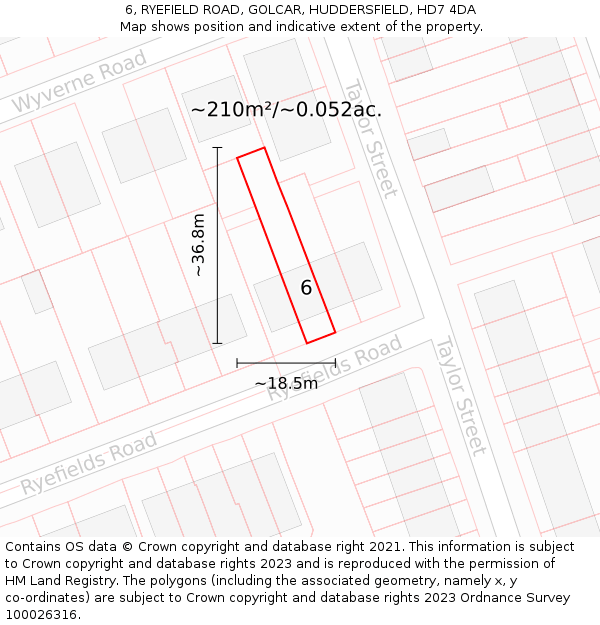 6, RYEFIELD ROAD, GOLCAR, HUDDERSFIELD, HD7 4DA: Plot and title map