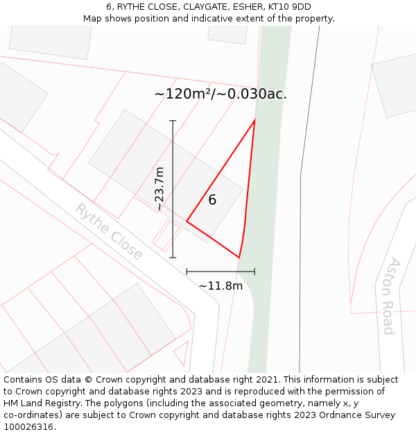 6, RYTHE CLOSE, CLAYGATE, ESHER, KT10 9DD: Plot and title map