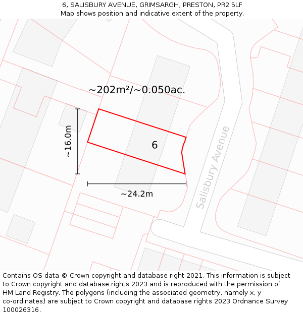 6, SALISBURY AVENUE, GRIMSARGH, PRESTON, PR2 5LF: Plot and title map