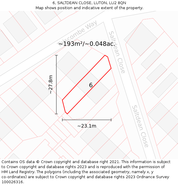 6, SALTDEAN CLOSE, LUTON, LU2 8QN: Plot and title map