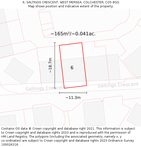 6, SALTINGS CRESCENT, WEST MERSEA, COLCHESTER, CO5 8GG: Plot and title map