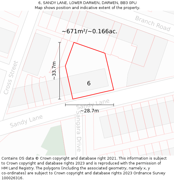 6, SANDY LANE, LOWER DARWEN, DARWEN, BB3 0PU: Plot and title map