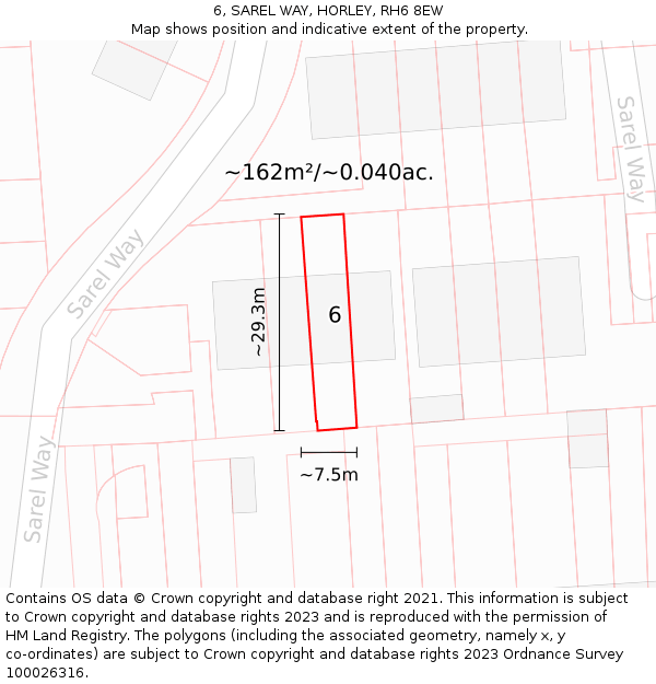 6, SAREL WAY, HORLEY, RH6 8EW: Plot and title map