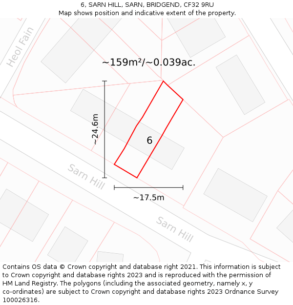 6, SARN HILL, SARN, BRIDGEND, CF32 9RU: Plot and title map