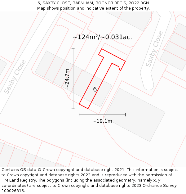 6, SAXBY CLOSE, BARNHAM, BOGNOR REGIS, PO22 0GN: Plot and title map