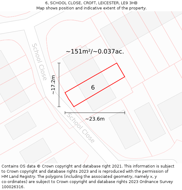 6, SCHOOL CLOSE, CROFT, LEICESTER, LE9 3HB: Plot and title map