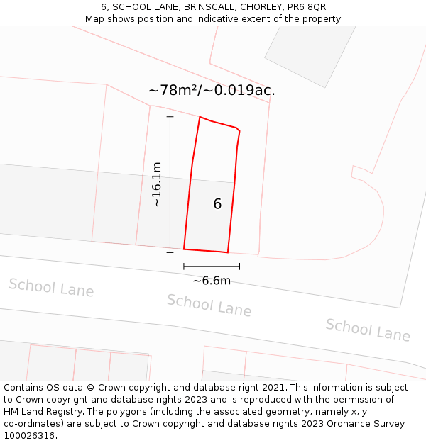 6, SCHOOL LANE, BRINSCALL, CHORLEY, PR6 8QR: Plot and title map