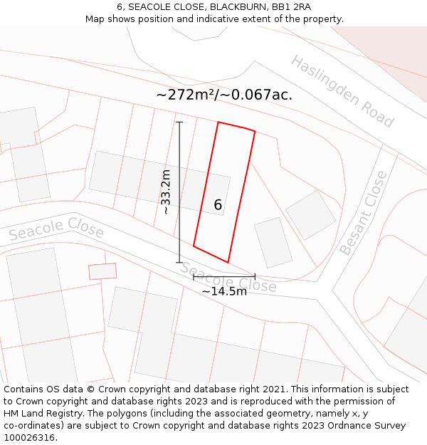 6, SEACOLE CLOSE, BLACKBURN, BB1 2RA: Plot and title map