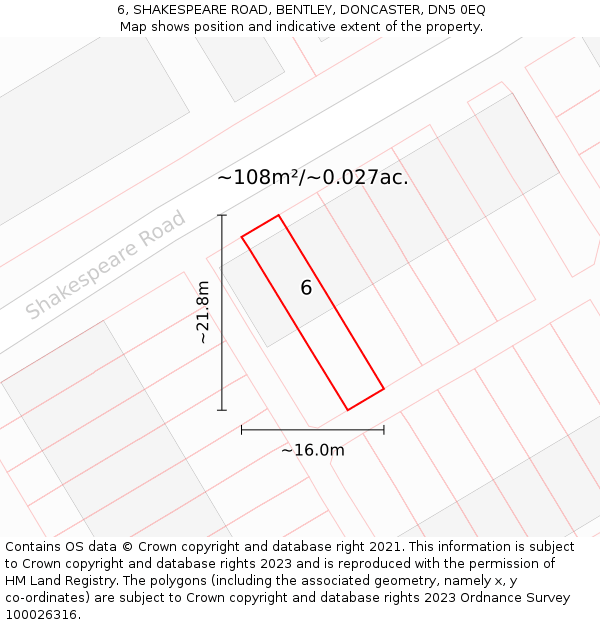 6, SHAKESPEARE ROAD, BENTLEY, DONCASTER, DN5 0EQ: Plot and title map