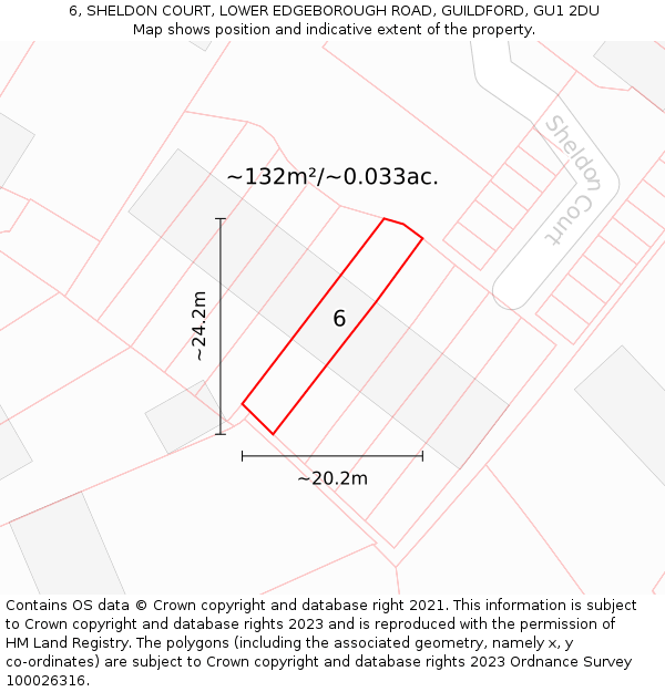 6, SHELDON COURT, LOWER EDGEBOROUGH ROAD, GUILDFORD, GU1 2DU: Plot and title map