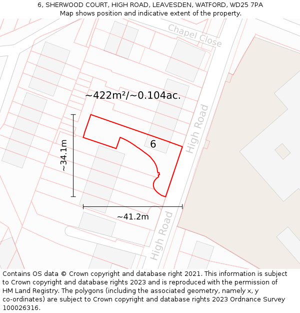 6, SHERWOOD COURT, HIGH ROAD, LEAVESDEN, WATFORD, WD25 7PA: Plot and title map