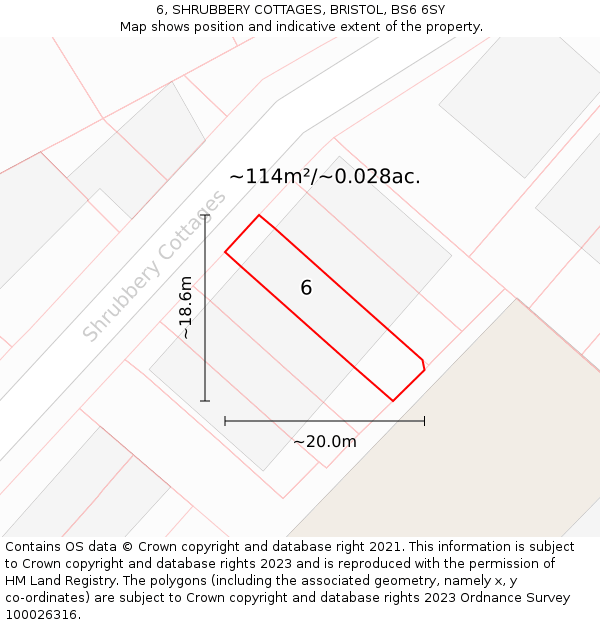 6, SHRUBBERY COTTAGES, BRISTOL, BS6 6SY: Plot and title map
