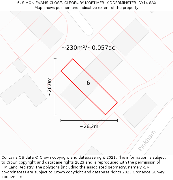 6, SIMON EVANS CLOSE, CLEOBURY MORTIMER, KIDDERMINSTER, DY14 8AX: Plot and title map