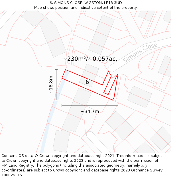 6, SIMONS CLOSE, WIGSTON, LE18 3UD: Plot and title map
