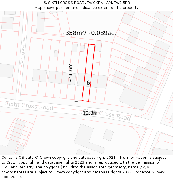 6, SIXTH CROSS ROAD, TWICKENHAM, TW2 5PB: Plot and title map