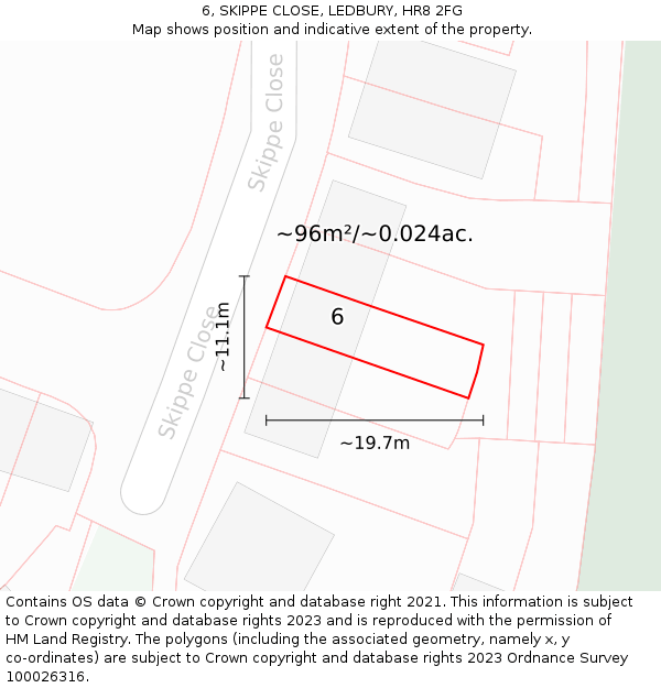 6, SKIPPE CLOSE, LEDBURY, HR8 2FG: Plot and title map