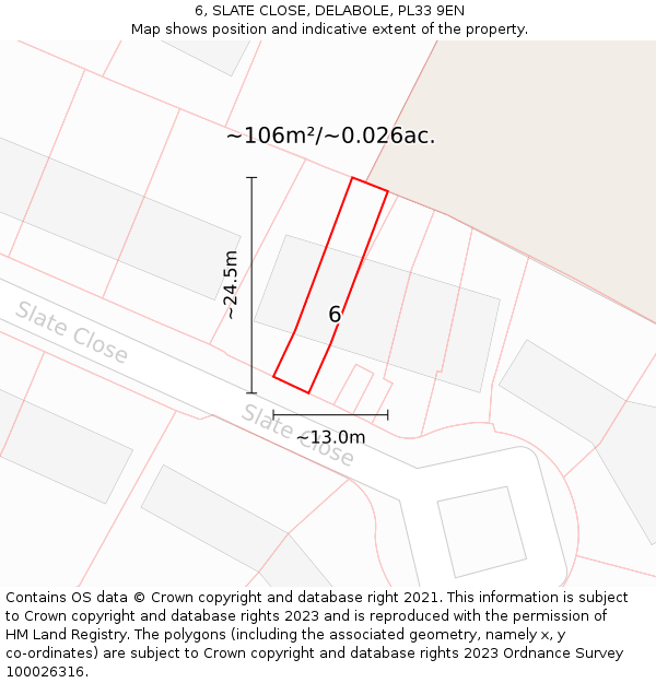 6, SLATE CLOSE, DELABOLE, PL33 9EN: Plot and title map